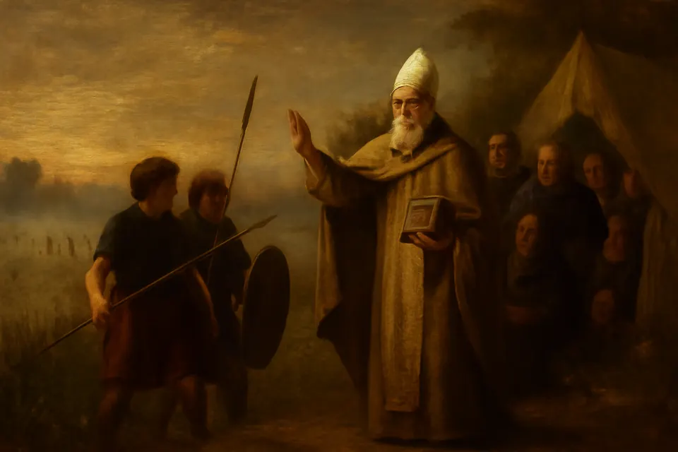 Illustration of the aged St. Boniface stepping out of his tent at dawn and telling his companions to lay down their weapons