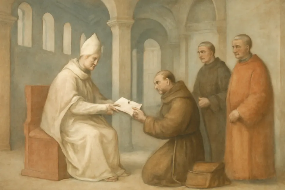 Illustration of Pope Gregory II giving letters of commission to the English monk Winfrid in Rome