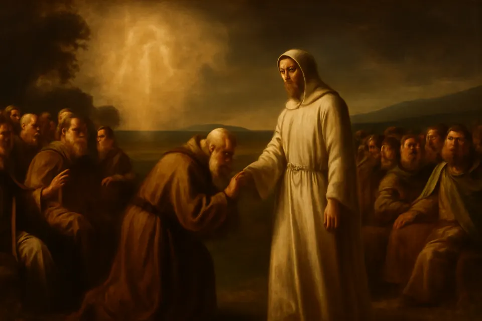Oil-painting-style scene of an old abbot rising to greet and embrace a tall monk who walks into an outdoor assembly of clerics, while a pillar of fire and angels appear faintly behind the newcomer