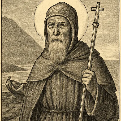 Oil-painting-style portrait of St. Brendan the Navigator as a gray-bearded Irish abbot in a hooded habit, holding a staff, with a small leather boat on a rocky shore behind him