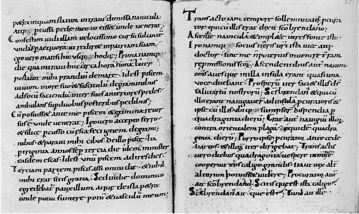 Two facing pages of a medieval Latin manuscript of the Voyage of St. Brendan, written in dark brown ink in a small, even hand