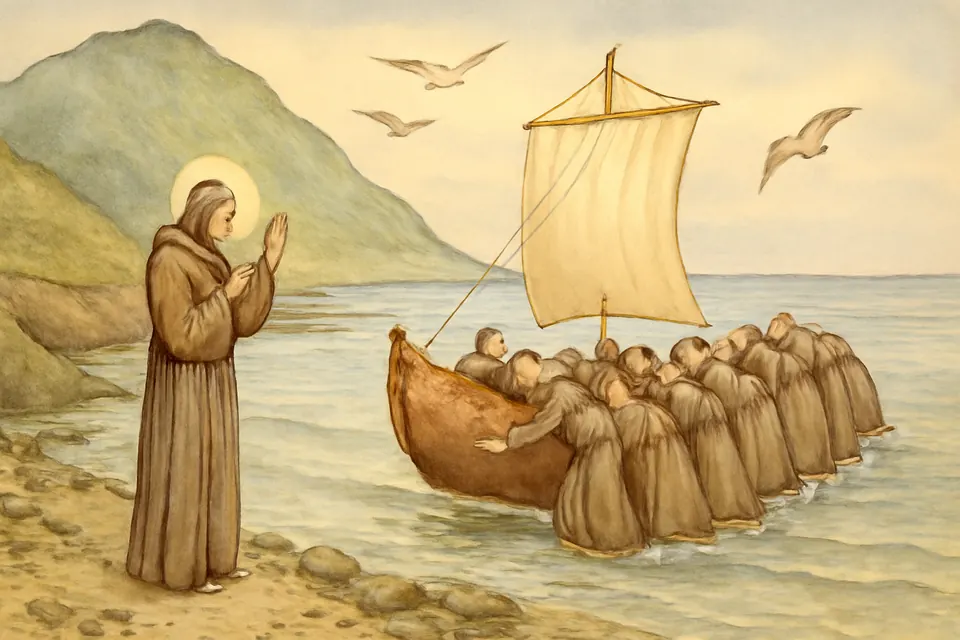 Illustration of St. Brendan and a group of monks pushing a small hide-covered boat into the sea from a narrow rocky creek below a mountain