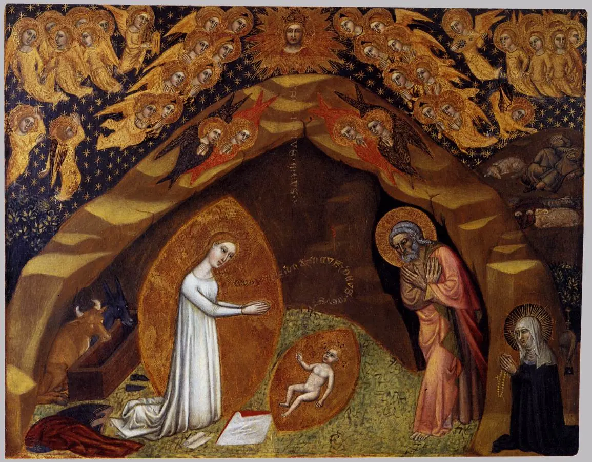 Gothic panel of a cave at Bethlehem where the Virgin in white kneels before the glowing newborn Christ lying on the ground, with Joseph and a kneeling widow in a dark veil at the right and angels above