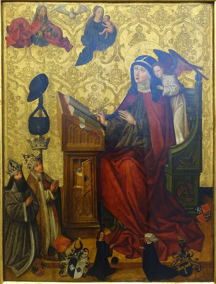 Late Gothic painting of St. Bridget in a red mantle and white veil writing at a desk while an angel whispers to her, with a pilgrim's hat and staff beside her and kneeling donors below