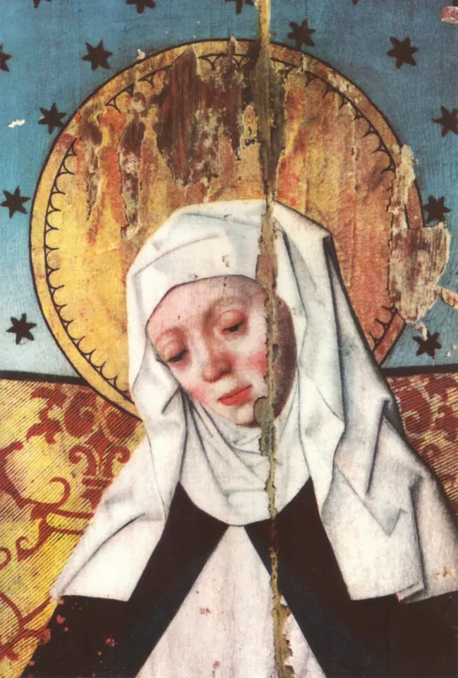 Close-up of a painted face of an older woman in a white veil and wimple, with a gold halo against a starry background