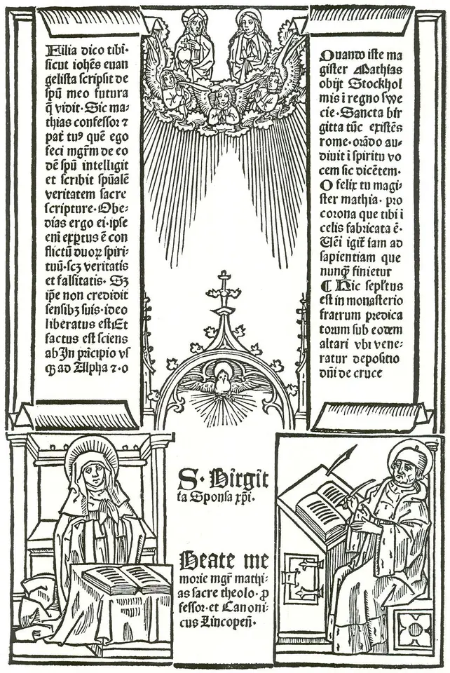 Black-and-white woodcut page with Latin text around small pictures of Bridget at a desk and her confessor Master Mathias writing