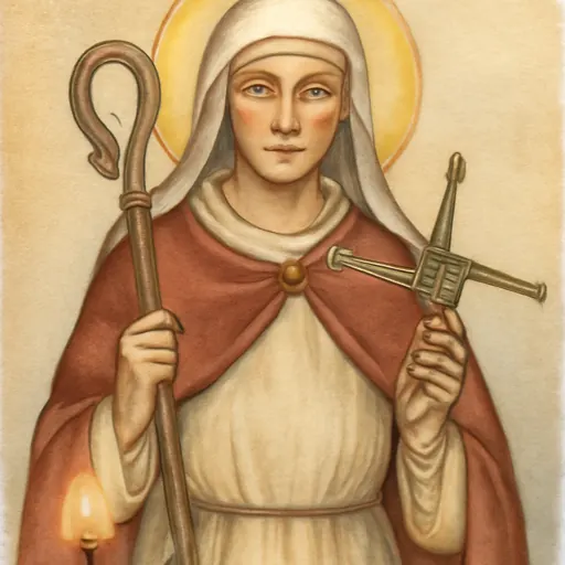 Watercolor-style portrait of St. Brigid of Kildare as an Irish abbess in a white veil and red cloak, holding a crozier and a woven rush cross