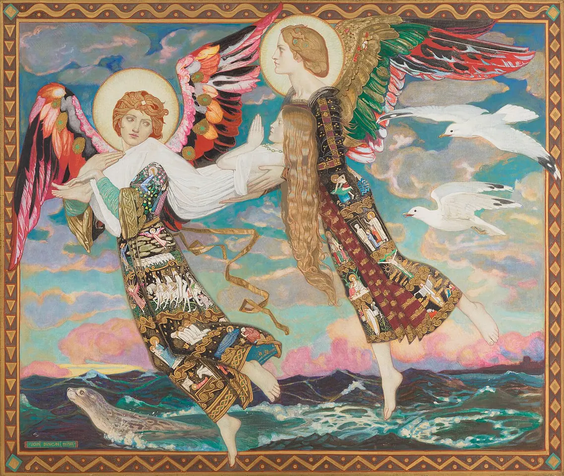 Two angels in robes of patterned gold carry a young woman in white over a sea at dusk, with white gulls flying beside them and a seal in the waves below