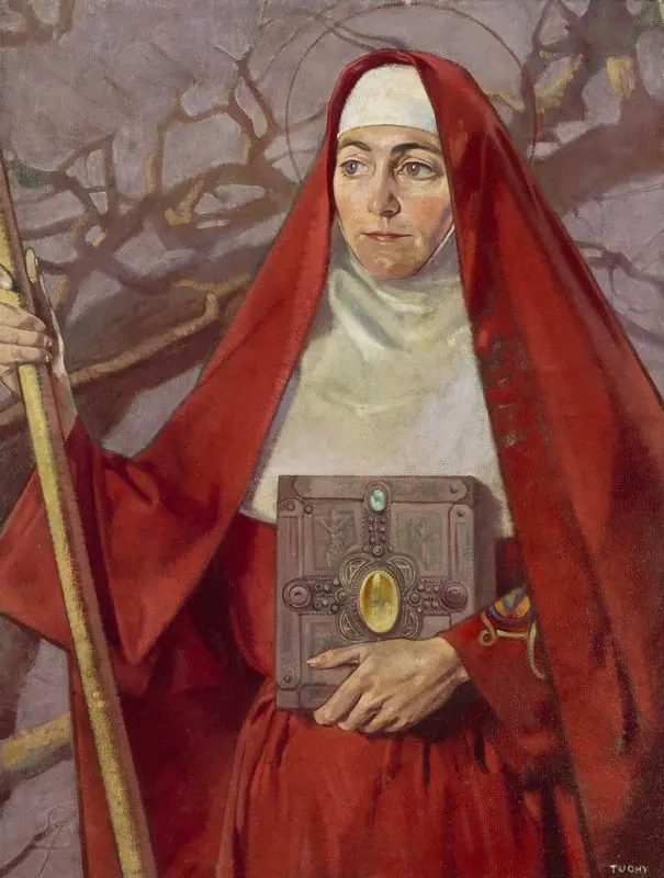Half-length painting of St. Brigid as a calm woman in a white wimple and red mantle, holding a jeweled book cover and a crozier against a background of bare branches