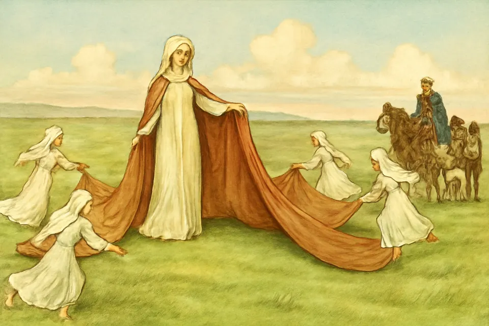 Illustration of St. Brigid's cloak spreading across the green plain of the Curragh as the king of Leinster watches