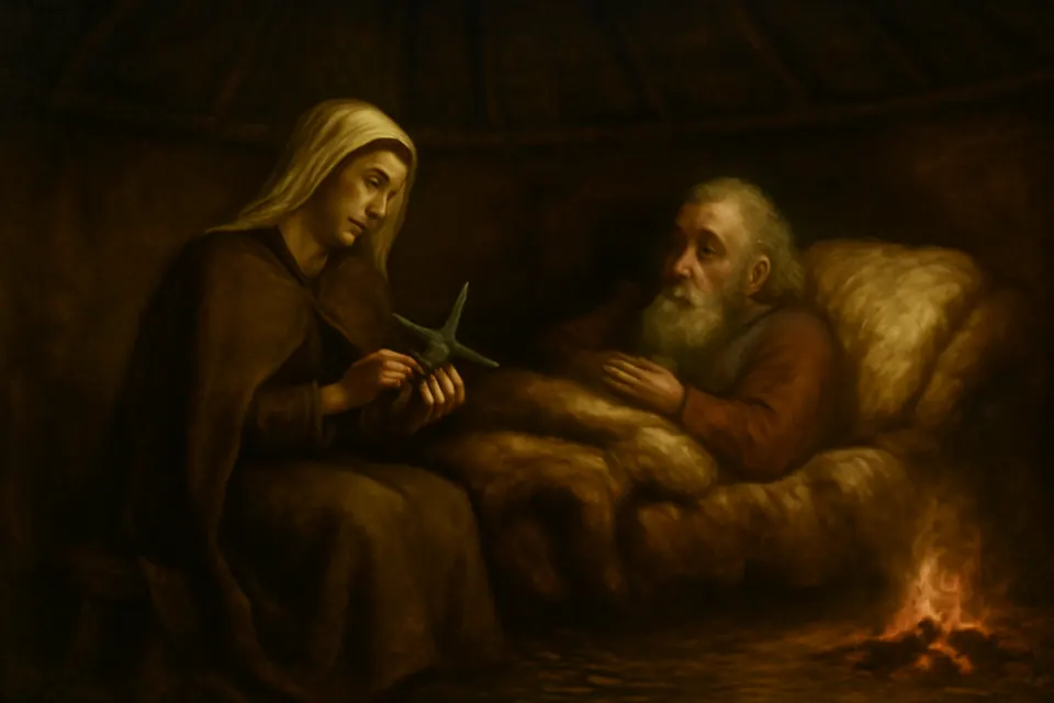 Illustration of St. Brigid weaving a cross from rushes at the bedside of a dying chieftain