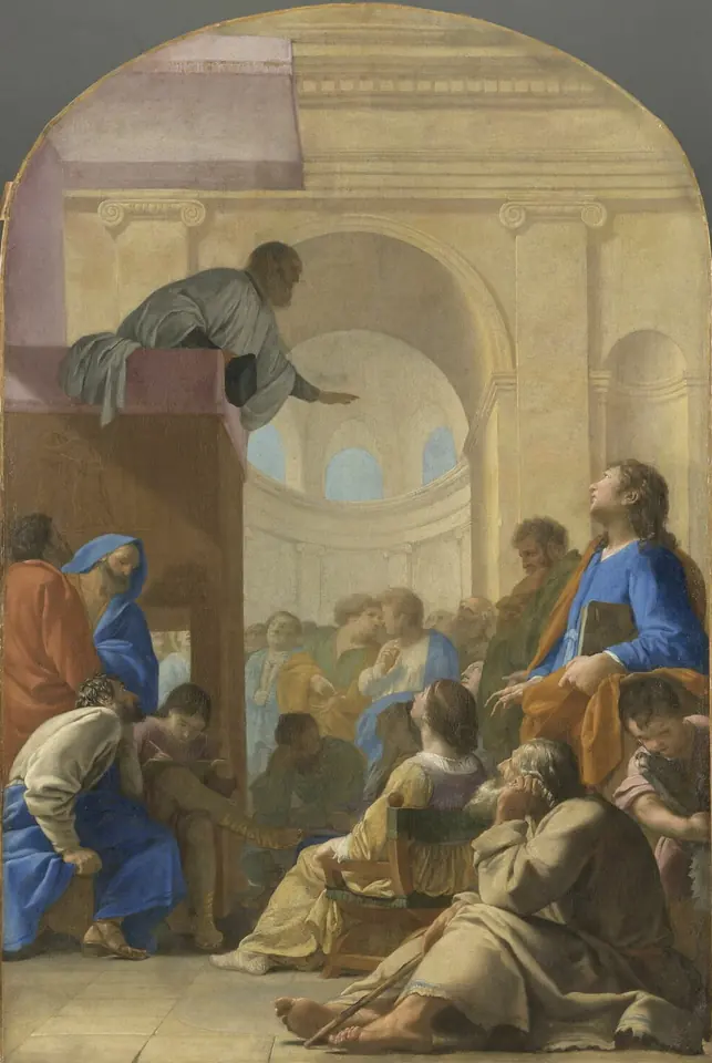 Painting of a crowd in a classical church listening to a preacher, while above them a dead man in a shroud rises from his bier; Bruno stands among the listeners