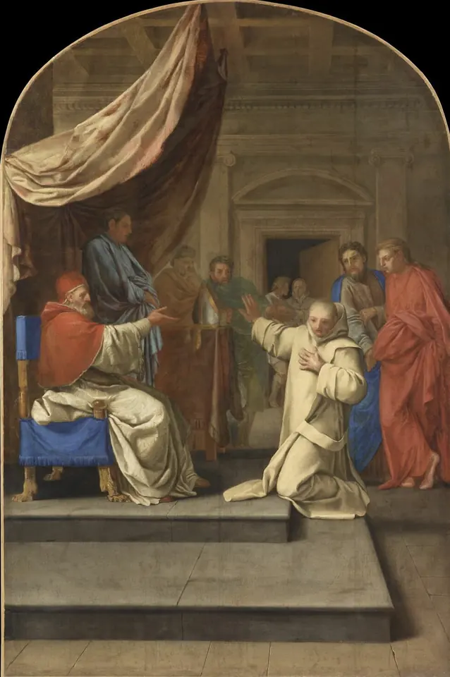 Painting of a kneeling monk in white before a seated pope in red, who gestures toward him, while churchmen watch from both sides of a curtained room