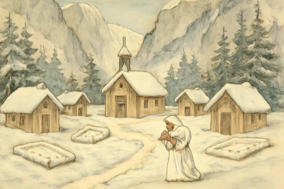 Illustration of small wooden huts around a simple chapel in a snowy Alpine clearing, with a monk in a white habit carrying firewood