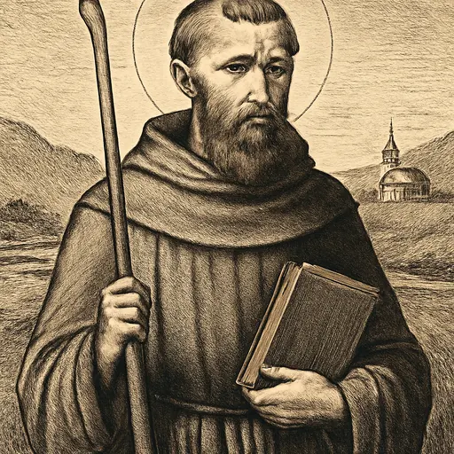 Ink-drawing-style portrait of St. Cadoc as a bearded Welsh abbot in a rough brown habit, holding a book and a tall wooden staff