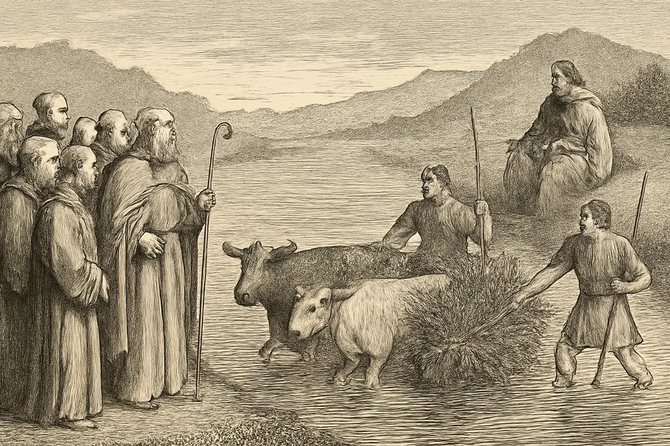 Engraving-style scene of armed warriors on a riverbank reaching for a herd of red-and-white cattle that are turning into bundles of fern in the ford