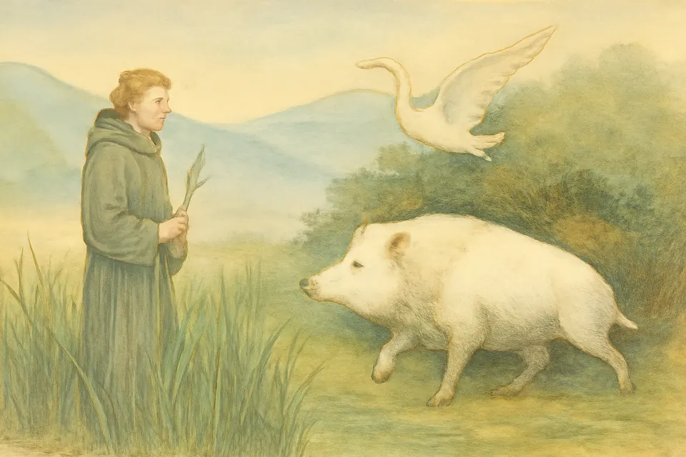 Watercolor-style scene of a young monk at dawn in a reedy valley watching a great white boar rise from a thicket while a white swan flies off