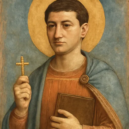 Fresco-style portrait of St. Caesarius of Nazianzus as a young beardless Roman official in a long embroidered court robe, holding a small cross and a book