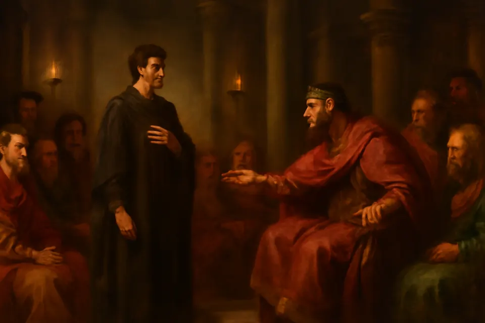 Oil-painting-style scene of a young Christian physician standing calmly before the emperor Julian in a marble hall at court while courtiers watch