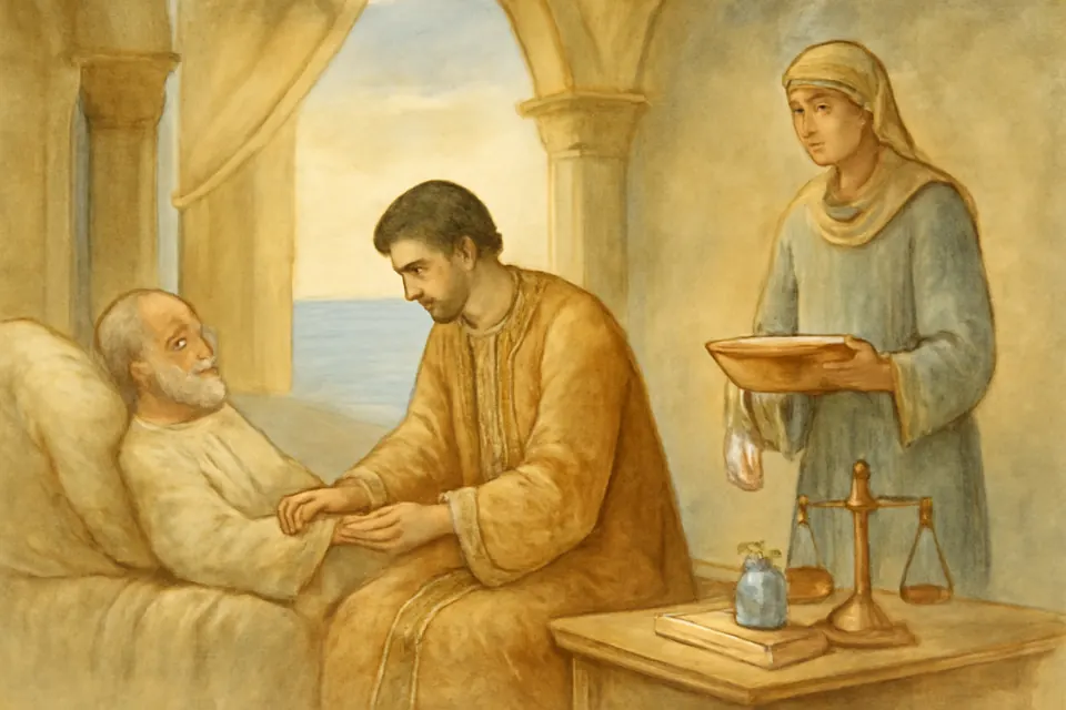 Watercolor-style scene of Caesarius, a young fourth-century physician in court robes, examining a patient in Constantinople