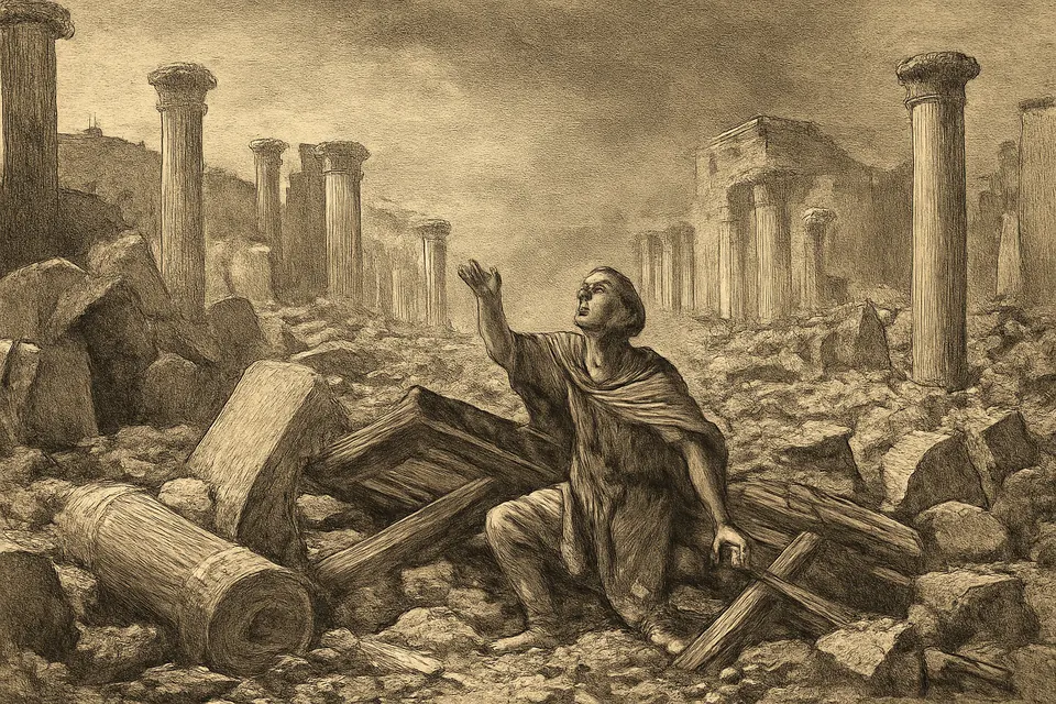 Engraving-style scene of a man climbing unhurt from the rubble of collapsed buildings in an ancient city after an earthquake