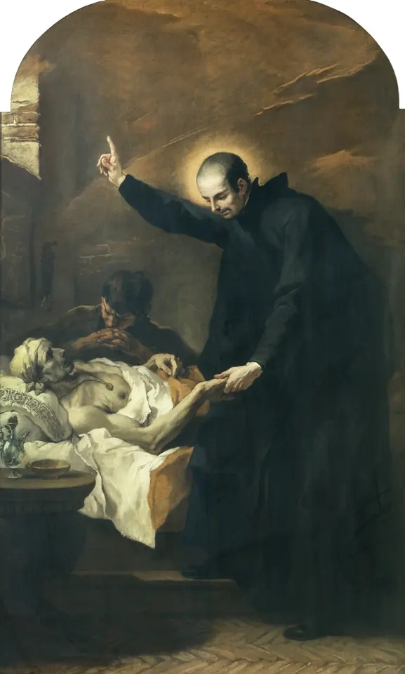 Un sacerdote de sotana negra con aureola junto a la cama de un moribundo pálido, señalando hacia el cielo con una mano y tomándole la mano con la otra
