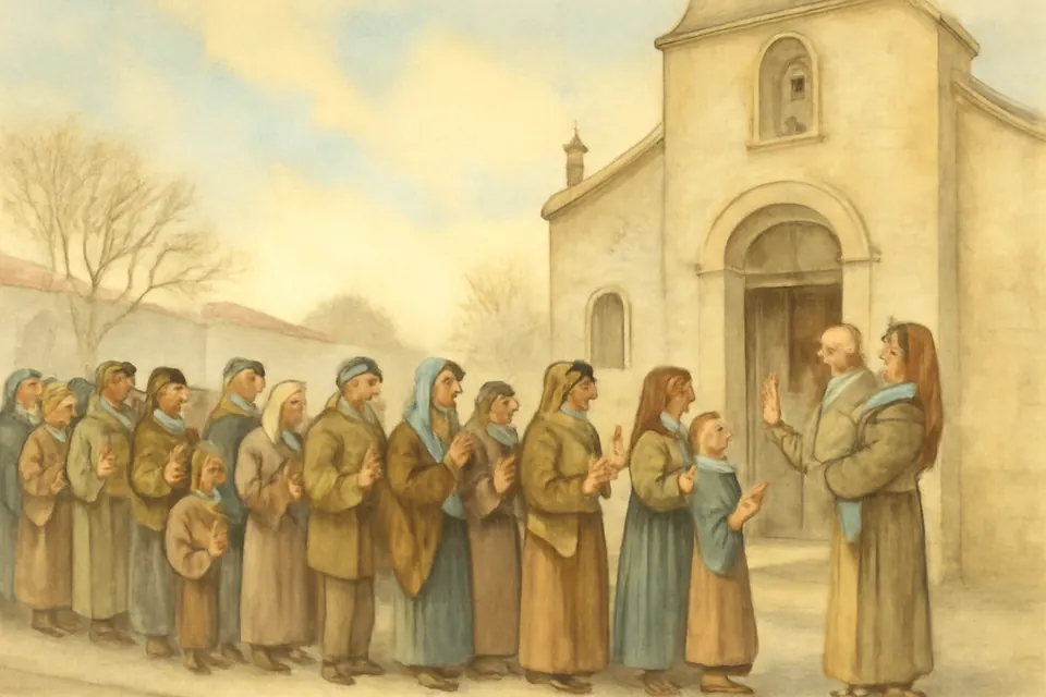 Ilustración en estilo acuarela de peregrinos con espigas de trigo y panes haciendo fila ante una iglesia el día de San Cayetano