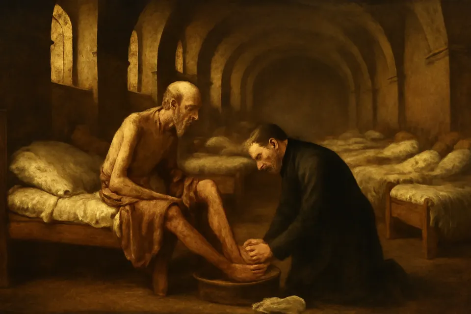 Ilustración en estilo óleo de Cayetano, con sotana negra, lavando los pies a un enfermo en una sala de hospital renacentista