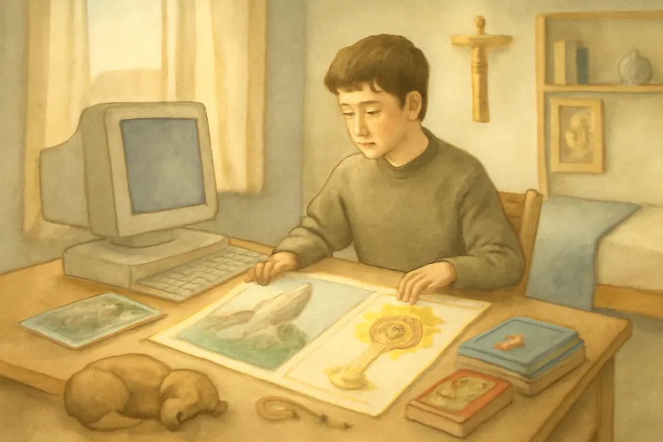 Ilustración en acuarela de un adolescente frente a una computadora de principios de los años 2000, que diseña paneles sobre milagros eucarísticos