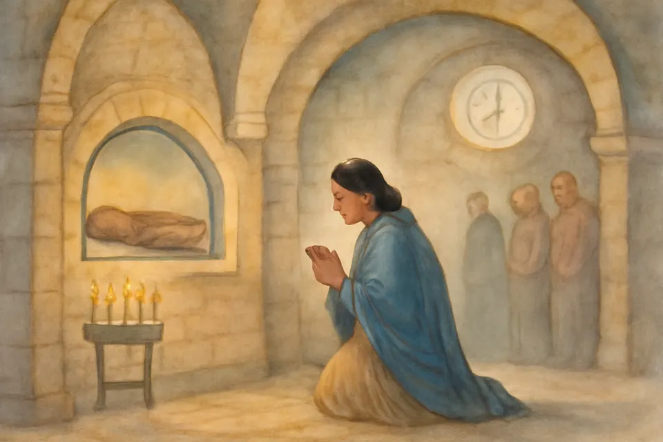 Ilustración en acuarela de una madre arrodillada ante una tumba con frente de vidrio en una iglesia de Asís, que deja una nota escrita a mano