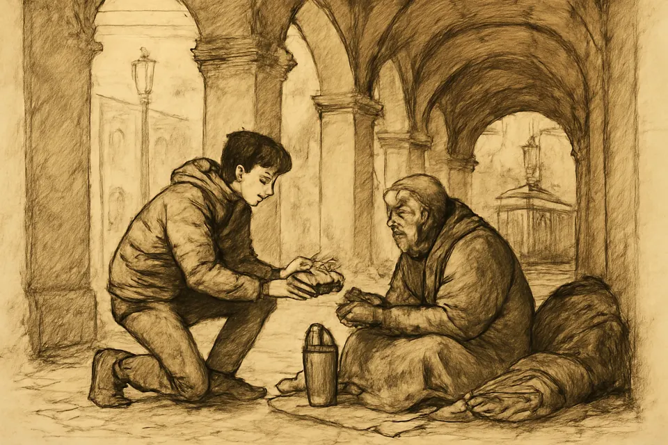 Ilustración en tinta de un adolescente que entrega un sándwich y un termo a un hombre sin hogar sentado bajo unos soportales de Milán