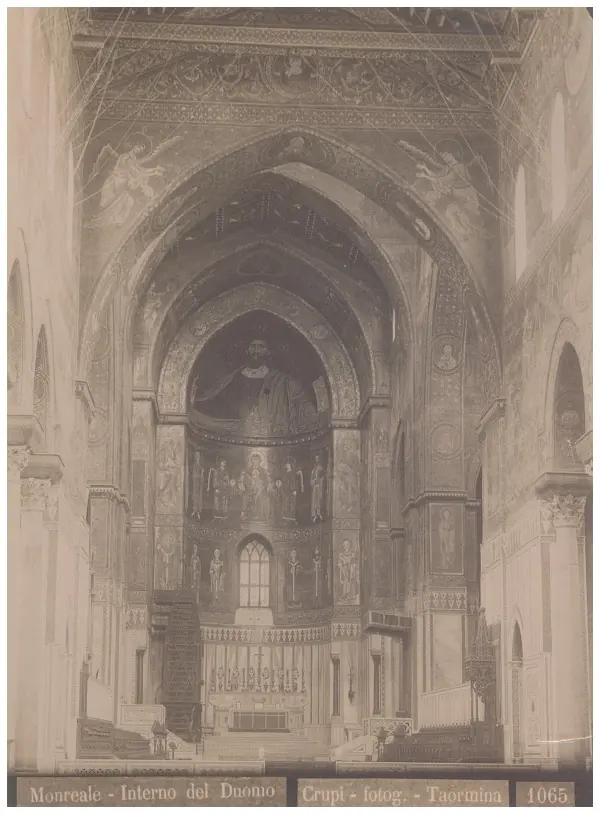 A sepia nineteenth-century photograph looking down the long nave of Monreale Cathedral toward the great mosaic of Christ in the apse