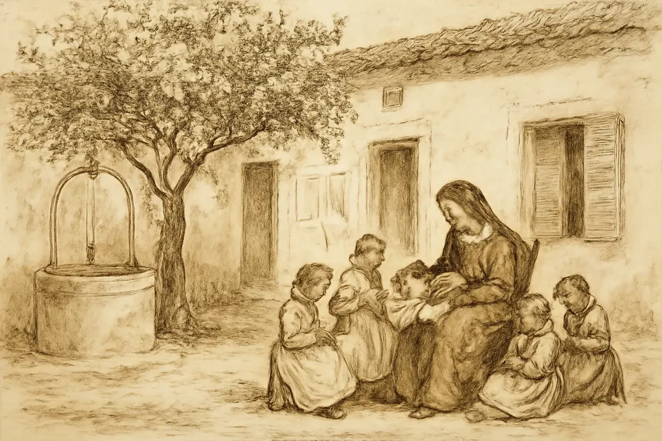 Ink-drawing-style scene of a nun teaching a group of small girls to sew in a sunny Sicilian courtyard