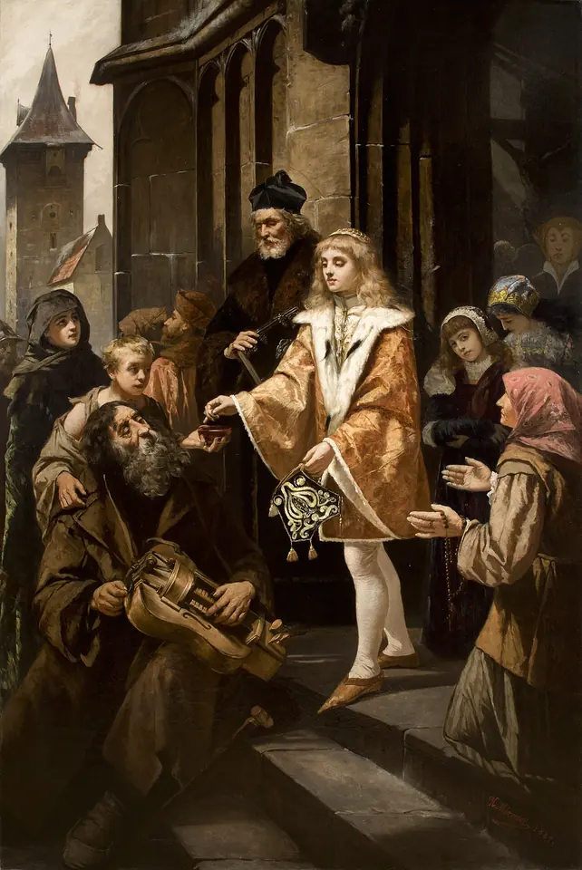 Painting of a young blond prince in a pale robe handing alms to a crowd of poor people, among them a kneeling beggar with a hurdy-gurdy, on the steps of a Gothic church