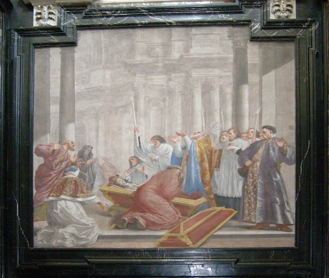 Baroque fresco in a black marble frame showing bishops, clergy and nobles kneeling around an opened coffin in a columned church