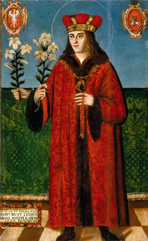 Painting of St. Casimir standing in a long red robe lined with fur and a red prince's cap, holding lilies, with two coats of arms in the upper corners and an inscription below