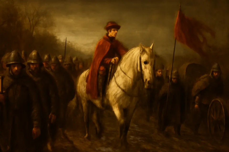Illustration of a thirteen-year-old prince on horseback in the rain among a retreating army in Hungary in 1471