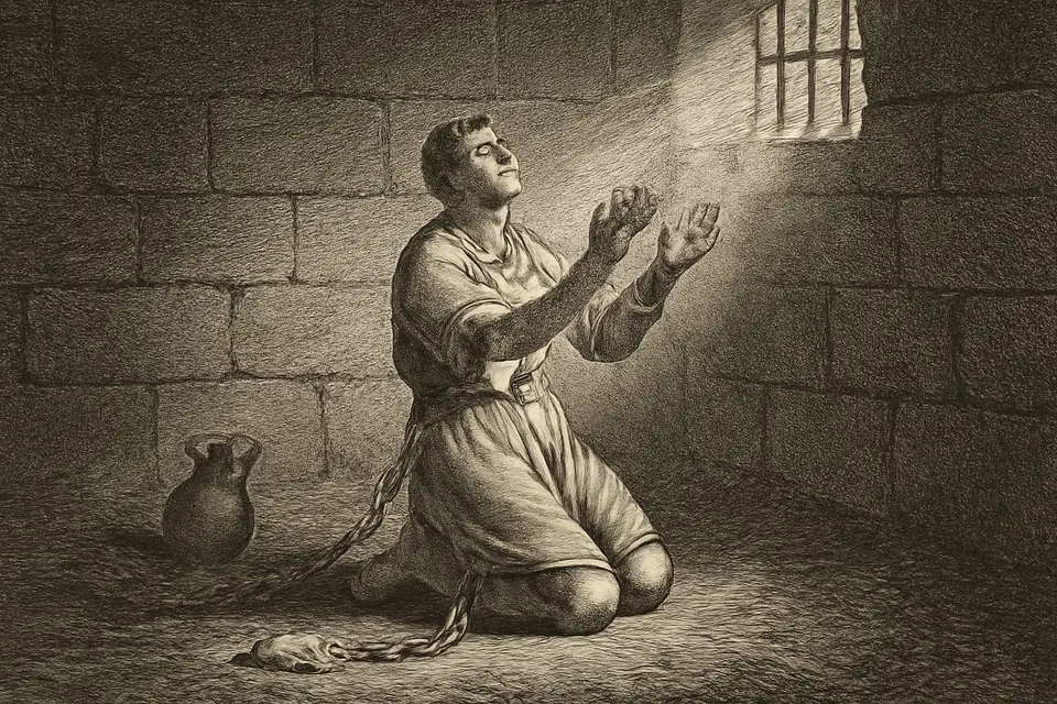 Engraving-style scene of a man praying in a dim Roman prison cell lit by a high barred window