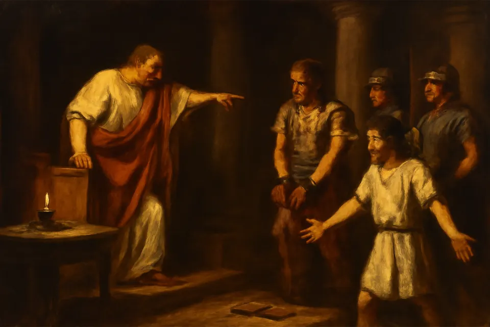 Oil-painting-style scene of a court clerk throwing down his stylus and writing tablets in a Roman courtroom as an angry magistrate rises from his seat