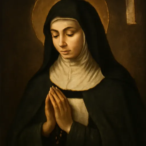 Oil-painting-style portrait of St. Catalina Thomás as a young Augustinian canoness in a black habit and white linen rochet, holding a rosary