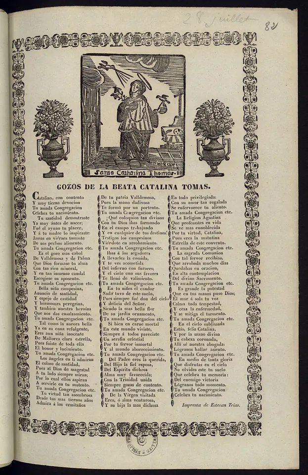A printed hymn sheet with a small woodcut of a kneeling nun praying to a vision in the sky, between two flower vases, above columns of Spanish verses