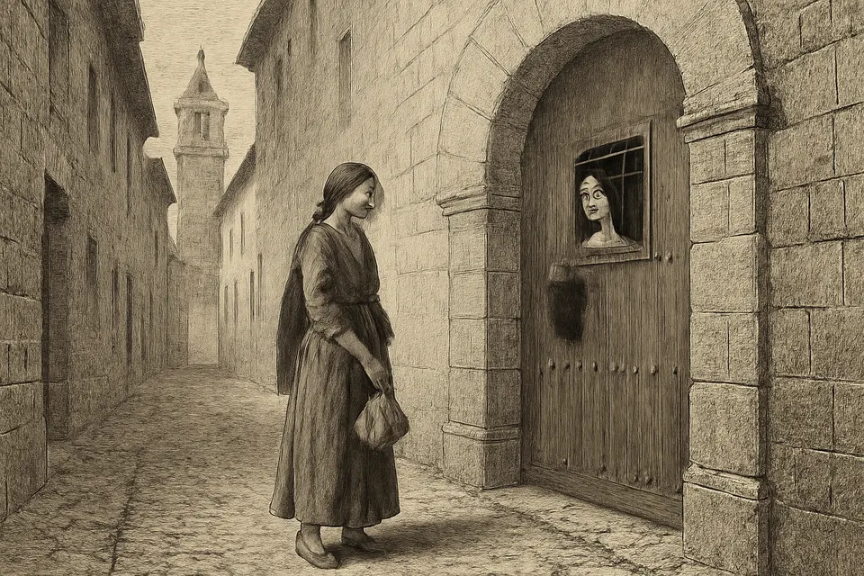 Engraving-style scene of a young woman with a small bundle knocking at the door of a convent in a narrow city street