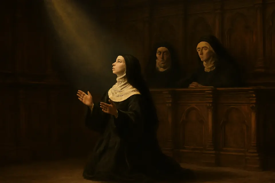 Oil-painting-style scene of a canoness in a black habit and white rochet kneeling in rapt prayer in a dim convent choir while other sisters look on quietly