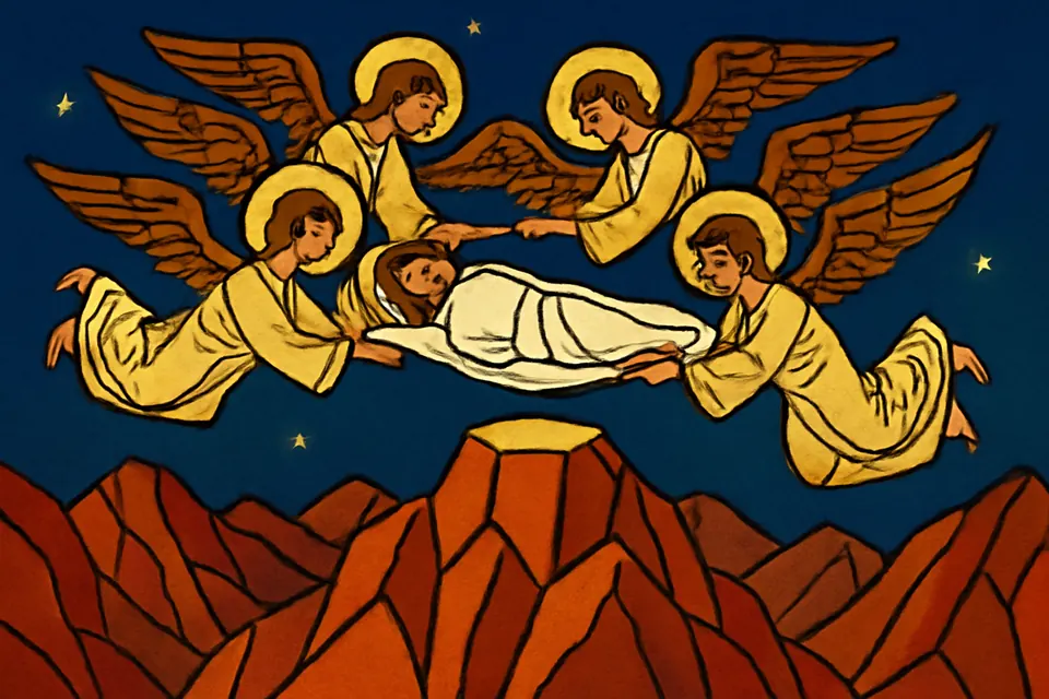 Illustration of angels carrying the body of St. Catherine, wrapped in a white shroud, to the summit of a rocky mountain in Sinai