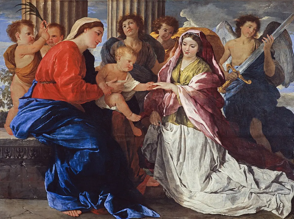 The Virgin Mary in red and blue holds the Christ Child, who places a ring on the finger of the kneeling Catherine in a white and rose gown, with angels and cherubs around them