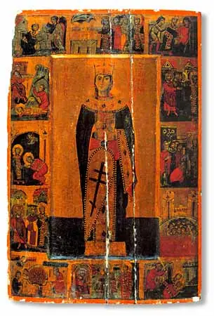 Byzantine icon of St. Catherine standing in a crown and imperial robes holding a cross, surrounded by small panels showing scenes from her legend on an orange-red ground