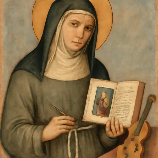 Oil-painting-style portrait of St. Catherine of Bologna as a Poor Clare abbess in a gray-brown habit and black veil, holding an open book and a small paintbrush