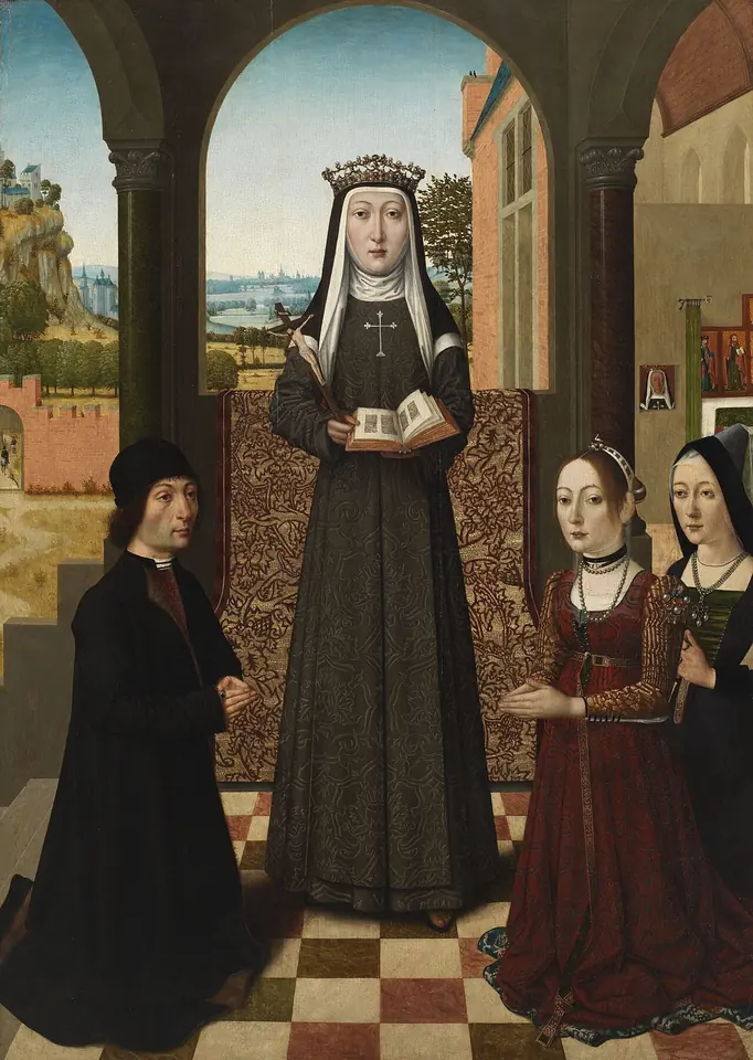 Flemish-style panel of a crowned nun in a black habit holding an open book, standing under an arcade between a kneeling man on the left and two kneeling women on the right