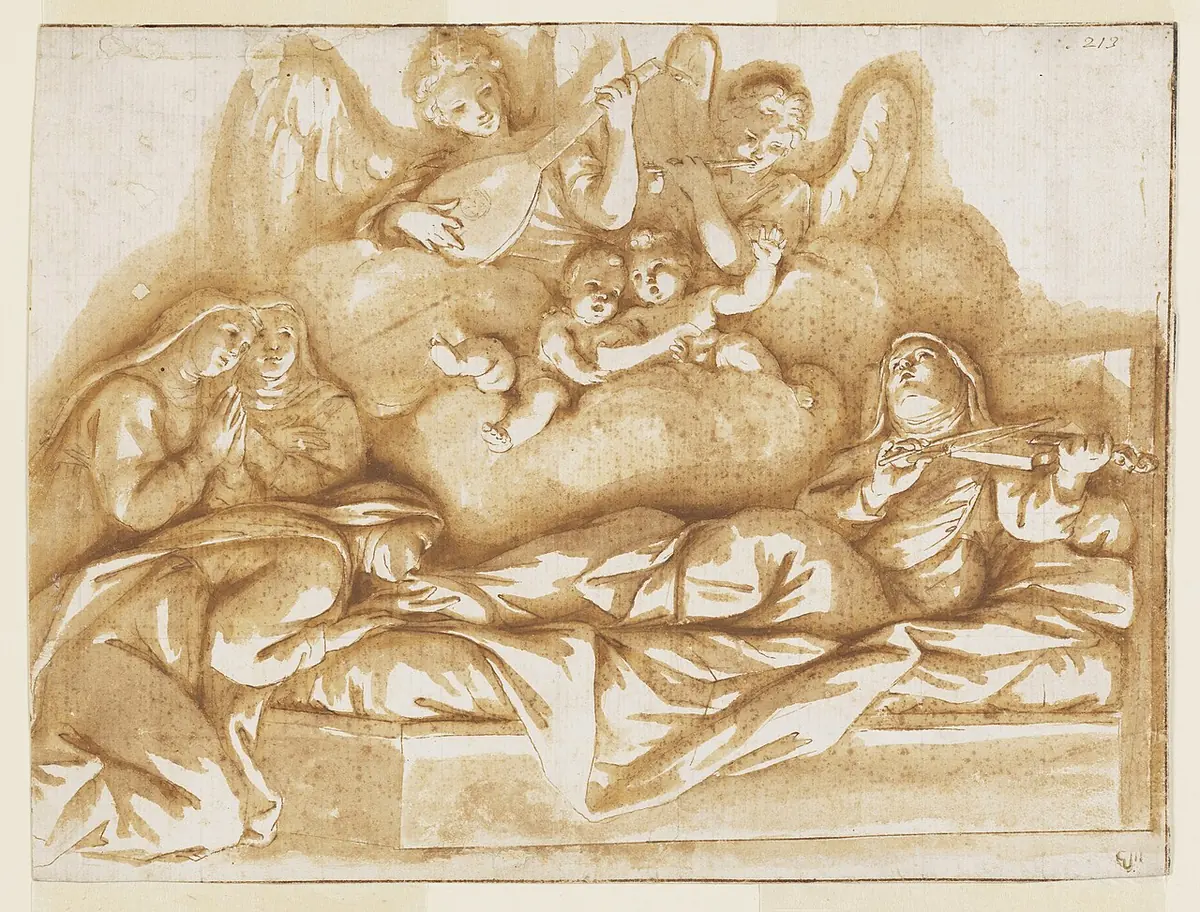 Brown wash drawing of a dying nun lying on a bed while angels and small cherubs play music above her and three nuns at the left kiss her feet