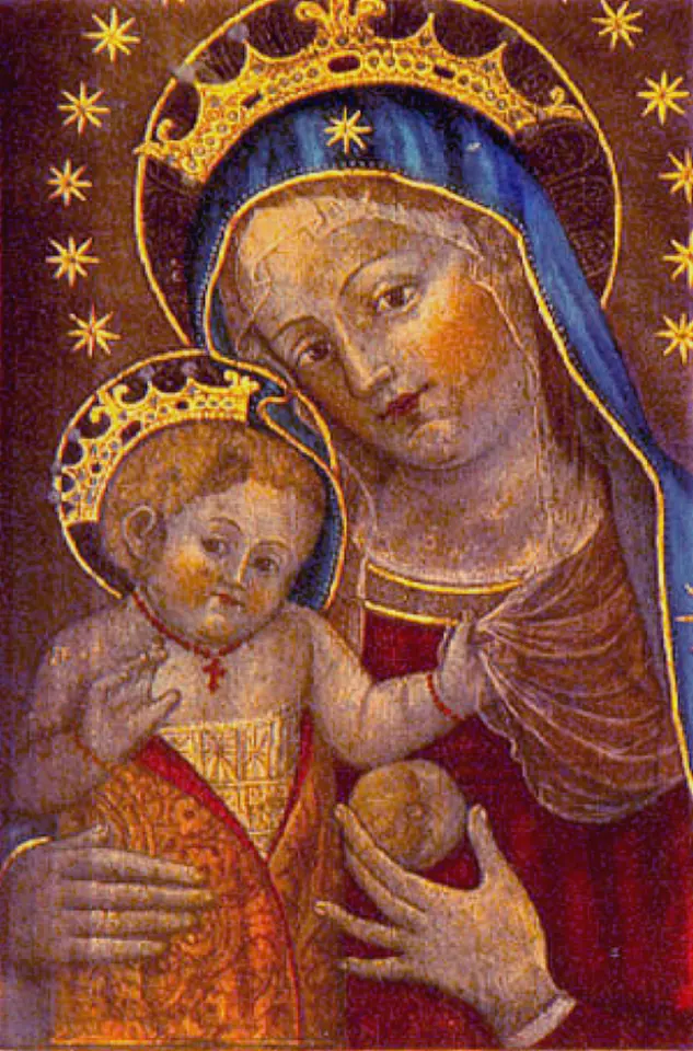 Close view of a painted Virgin Mary in a starred blue mantle and gold crown, cheek to cheek with the crowned Christ Child, who holds a round red fruit
